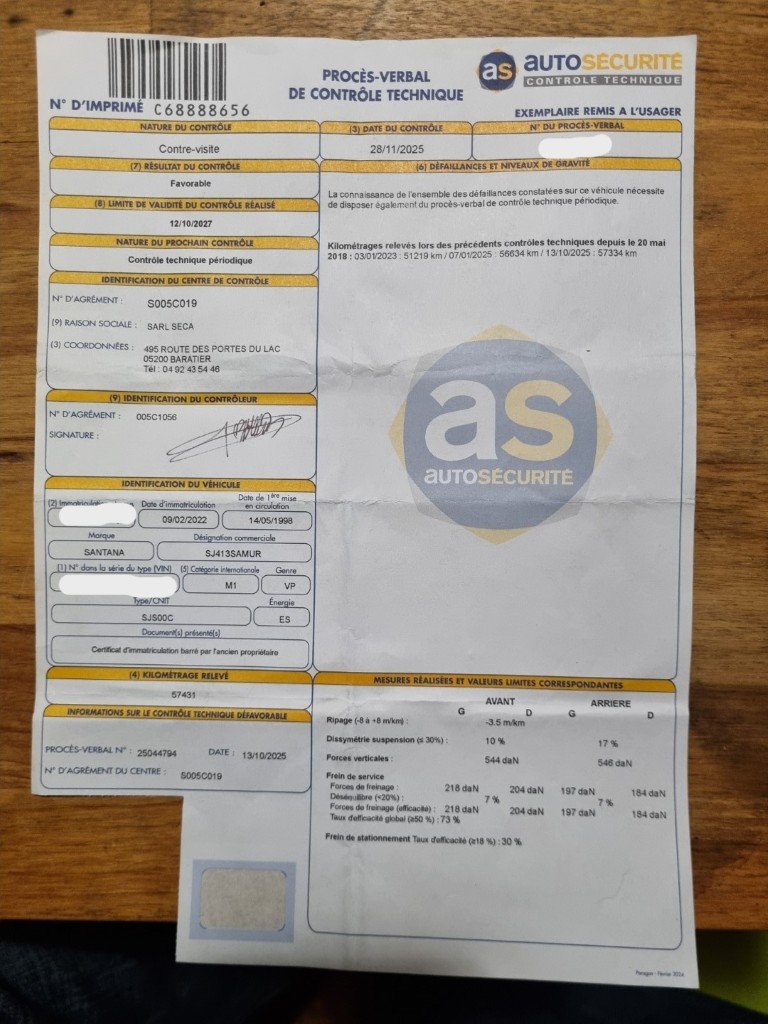 Procès-verbal de contrôle technique favorable